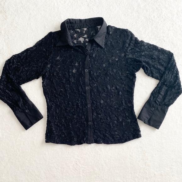 Womens Chic Floral Pattern Lace Blouse w/ Velvet affect Black - Picture 1 of 8